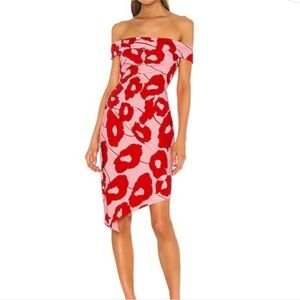 Milly Asymmetrical Off-Shoulder Dress in Red and Pink